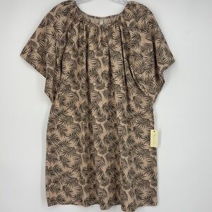 Rylee + Cru Womens Medium Short Tunic Dress Beige Green Leaf Print 100% Cotton